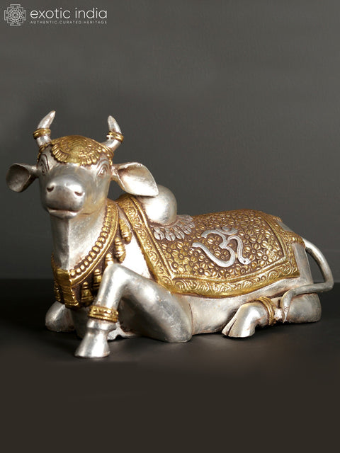 13" Silver and Gold Brass Nandi - The Vehicle of Lord Shiva