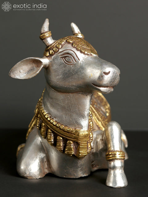 13" Silver and Gold Brass Nandi - The Vehicle of Lord Shiva