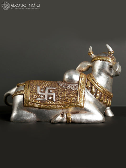 13" Silver and Gold Brass Nandi - The Vehicle of Lord Shiva