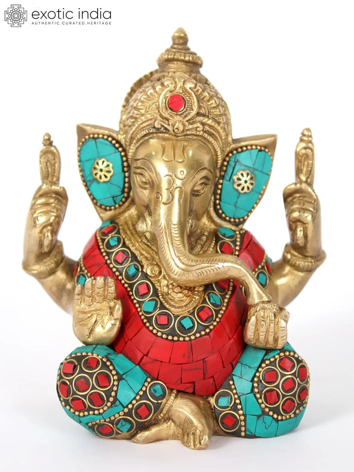5" Small Brass Ganesha Statue with Inlay Work