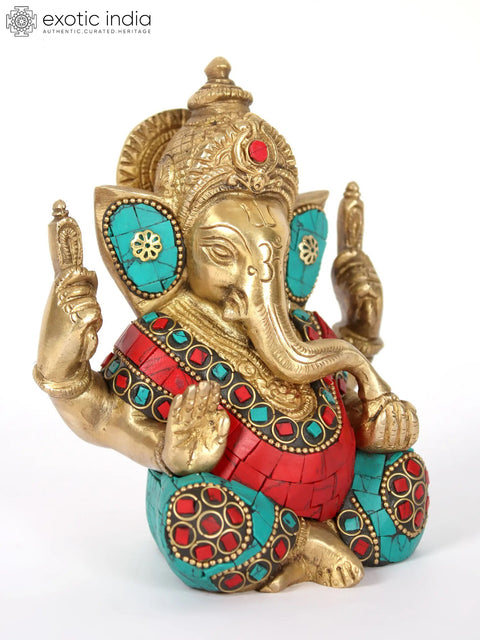 5" Small Brass Ganesha Brass Statue with Inlay Work