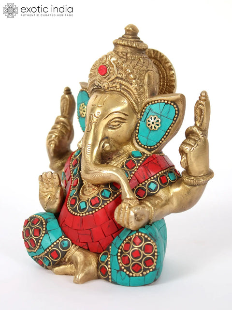 5" Small Brass Ganesha Brass Statue with Inlay Work