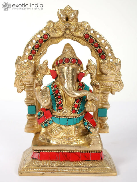 7" Chaturbhuja Ganesha Idol with Kirtimukha Arch | Brass Statue with Inlay Work