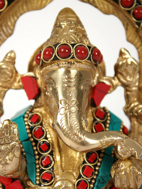 7" Chaturbhuja Ganesha Idol with Kirtimukha Arch | Brass Statue with Inlay Work