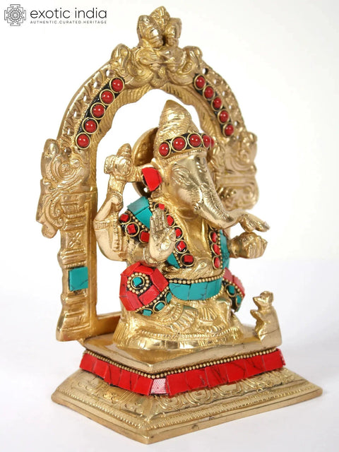7" Chaturbhuja Ganesha Idol with Kirtimukha Arch | Brass Statue with Inlay Work