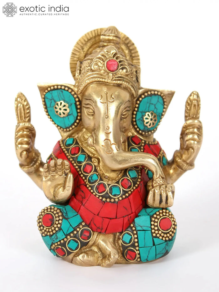 4" Handmade Brass Lord Ganapati Idol with Inlay Work