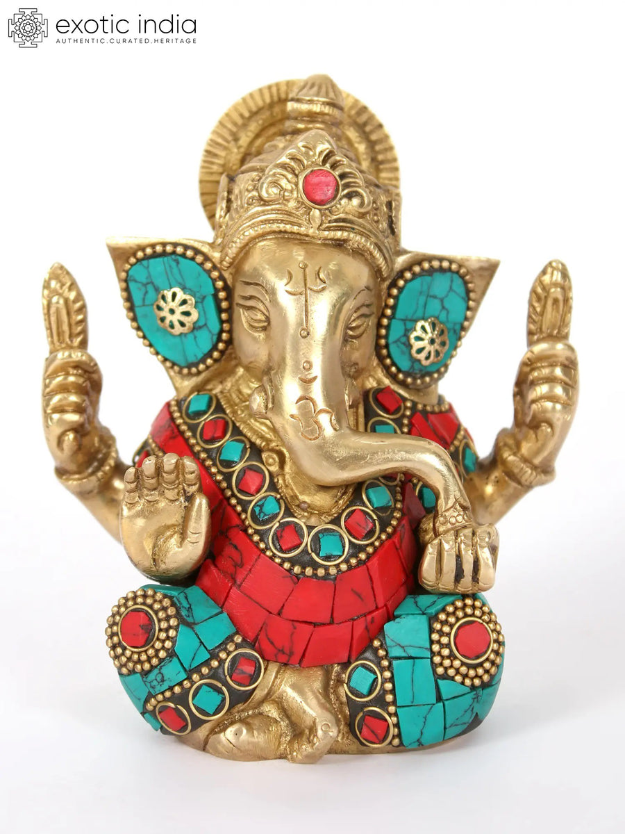 4" Handmade Brass Lord Ganapati Idol with Inlay Work