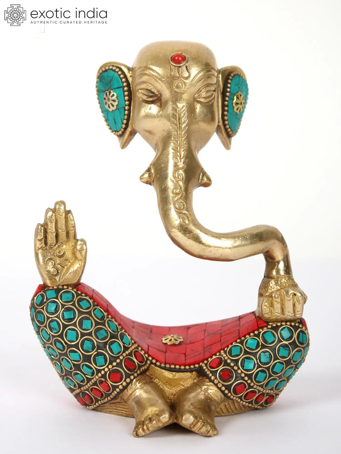 Modern Ganesha Brass Statue with Inlay