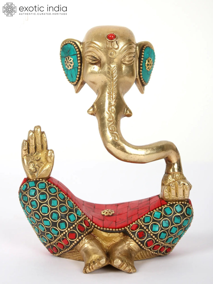 Modern Ganesha Brass Statue with Inlay