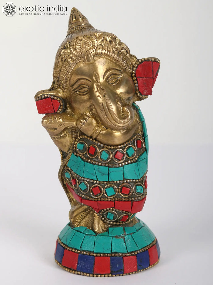 5" Baby Ganesha Brass Statue with Inlay Work