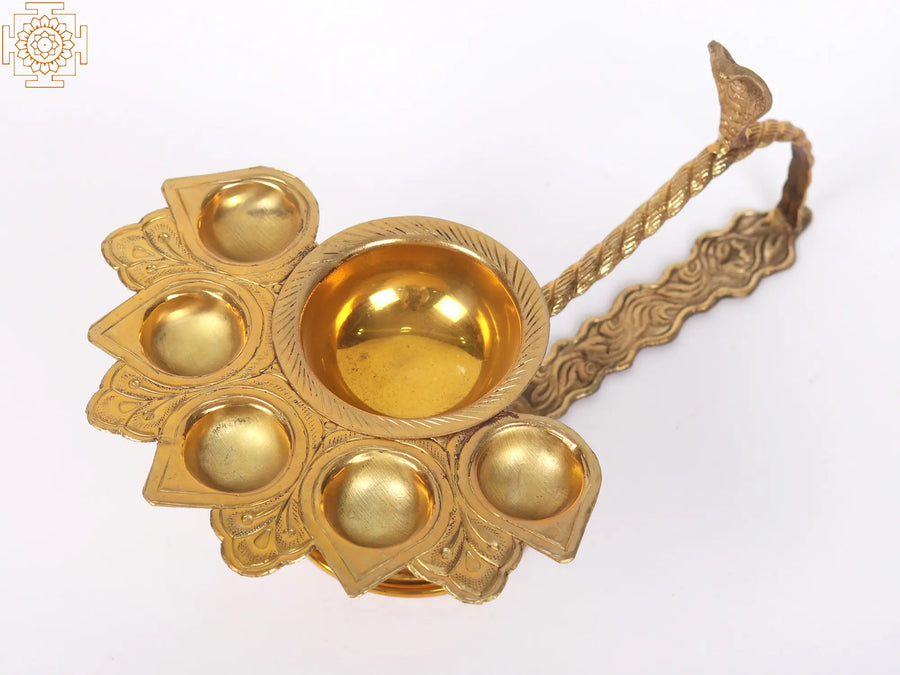 Brass Handheld Multi-Wick Oil Lamp for Pooja