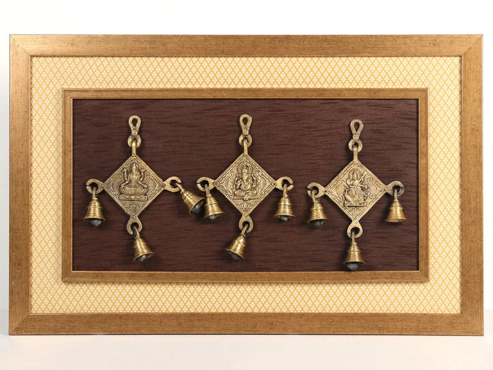 17" Lakshmi, Ganesha and Saraswati with Bells in Brass | Wooden Wall Hanging Frame