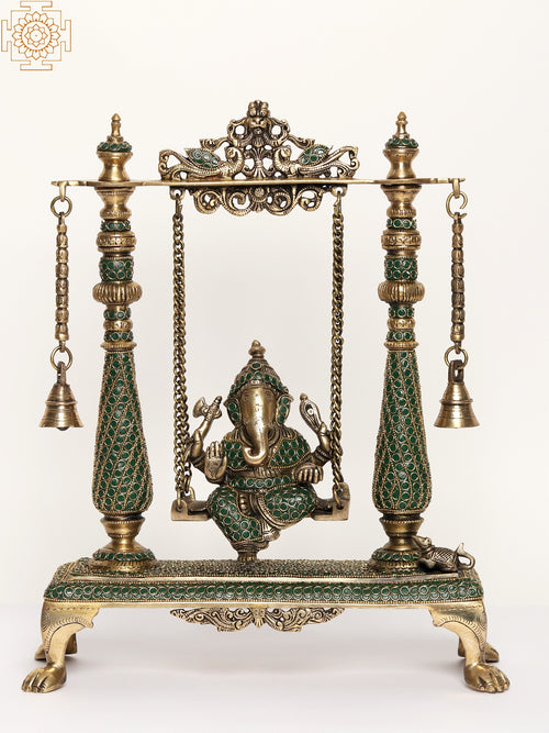 16" Brass Ganesha on Swing Statue with Inlay Work