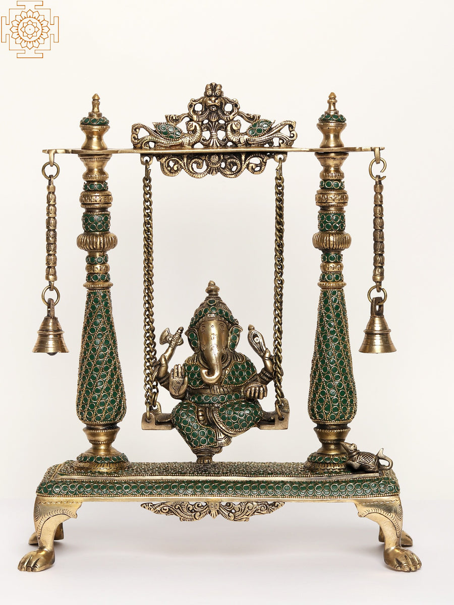 16" Brass Ganesha on Swing Statue with Inlay Work