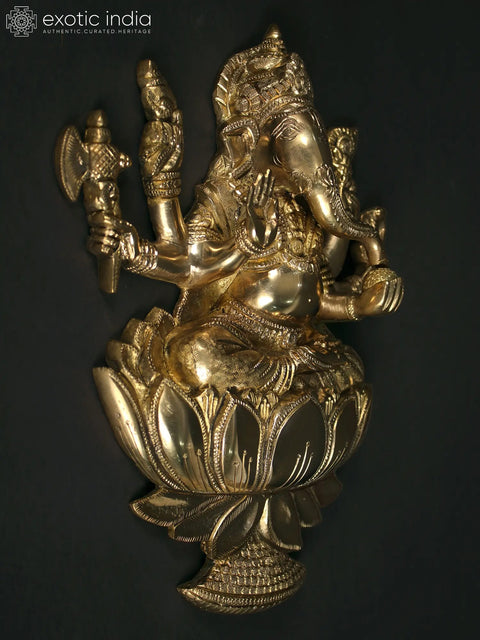 Lord Ganesha Brass Idol Seated on Lotus | Wall Hanging Statue