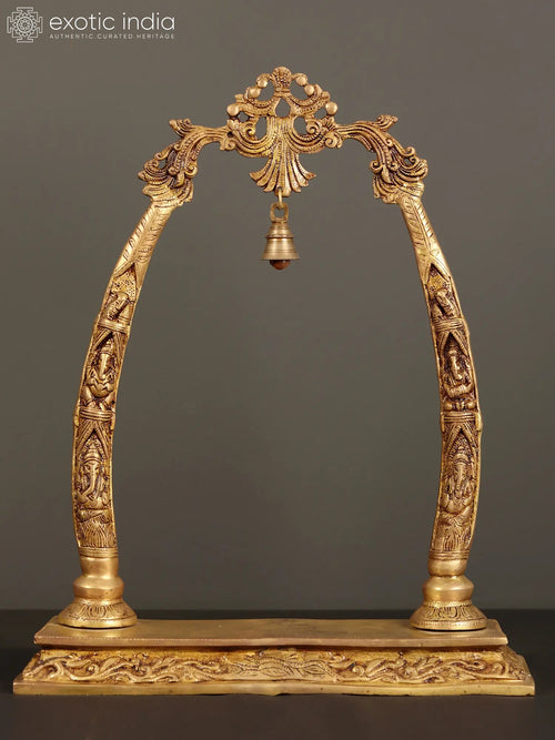 19" Brass Ganesha Tusk Arch with Bell Statue