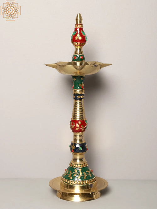 15" Multicolor Stone Work Brass Decorative Lamp with 5 Wicks