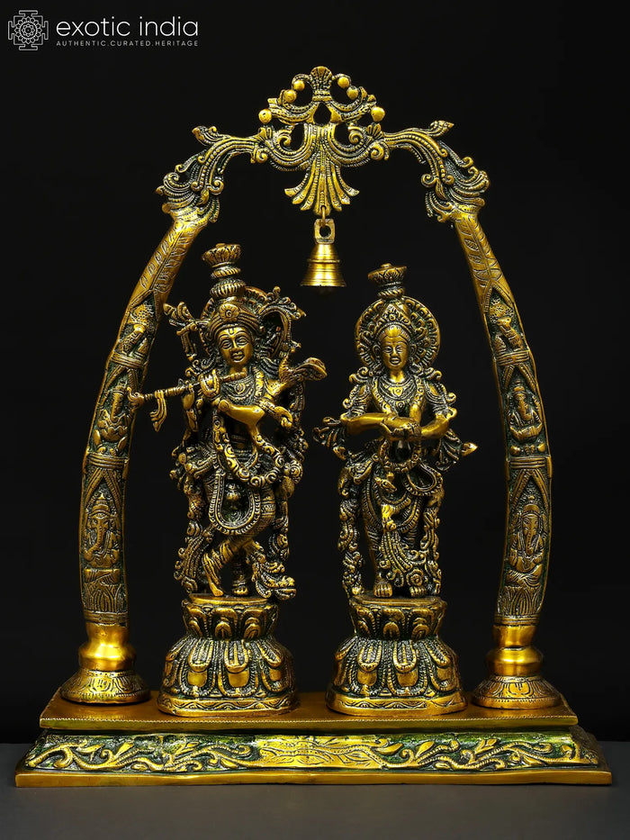 19" Radha Krishna Brass Statue with Tusk Stand
