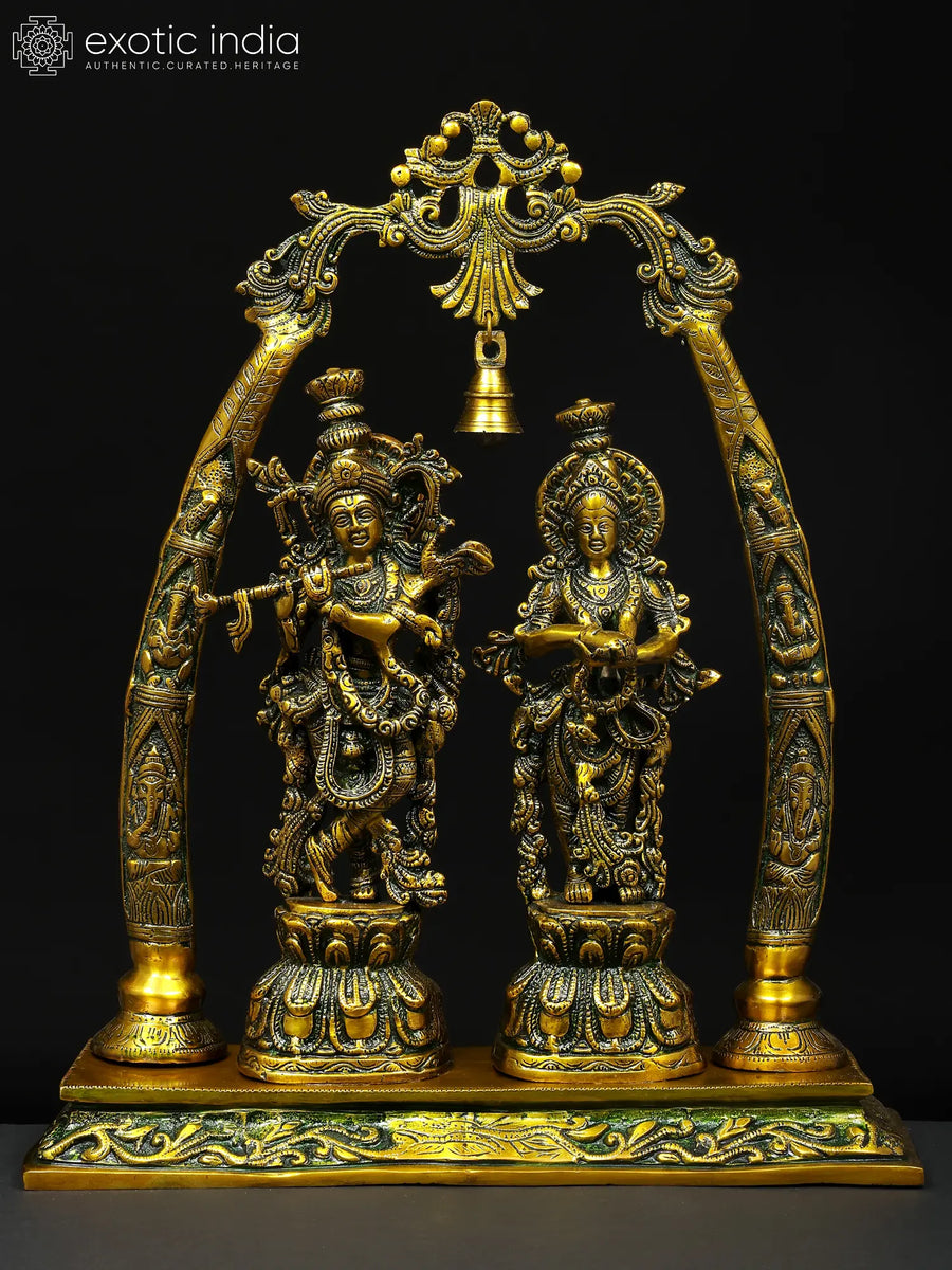 19" Radha Krishna Brass Statue with Tusk Stand