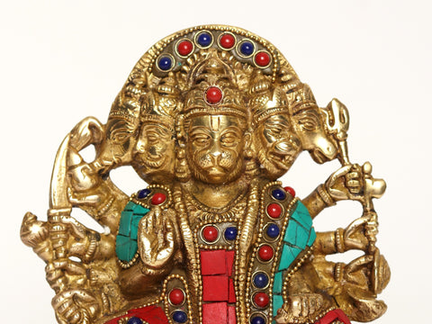 6" Lord Panchamukhi Hanuman Brass Sculpture with Inlay Work