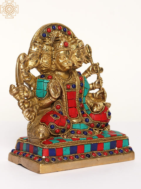 6" Lord Panchamukhi Hanuman Brass Sculpture with Inlay Work
