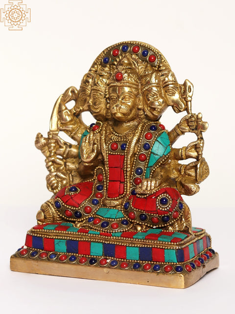6" Lord Panchamukhi Hanuman Brass Sculpture with Inlay Work