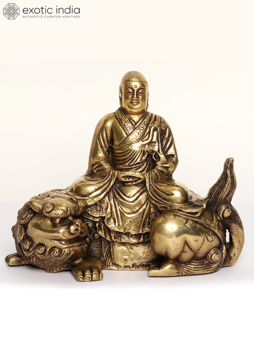 9" Meditating Buddha Brass Statue on Lion Throne