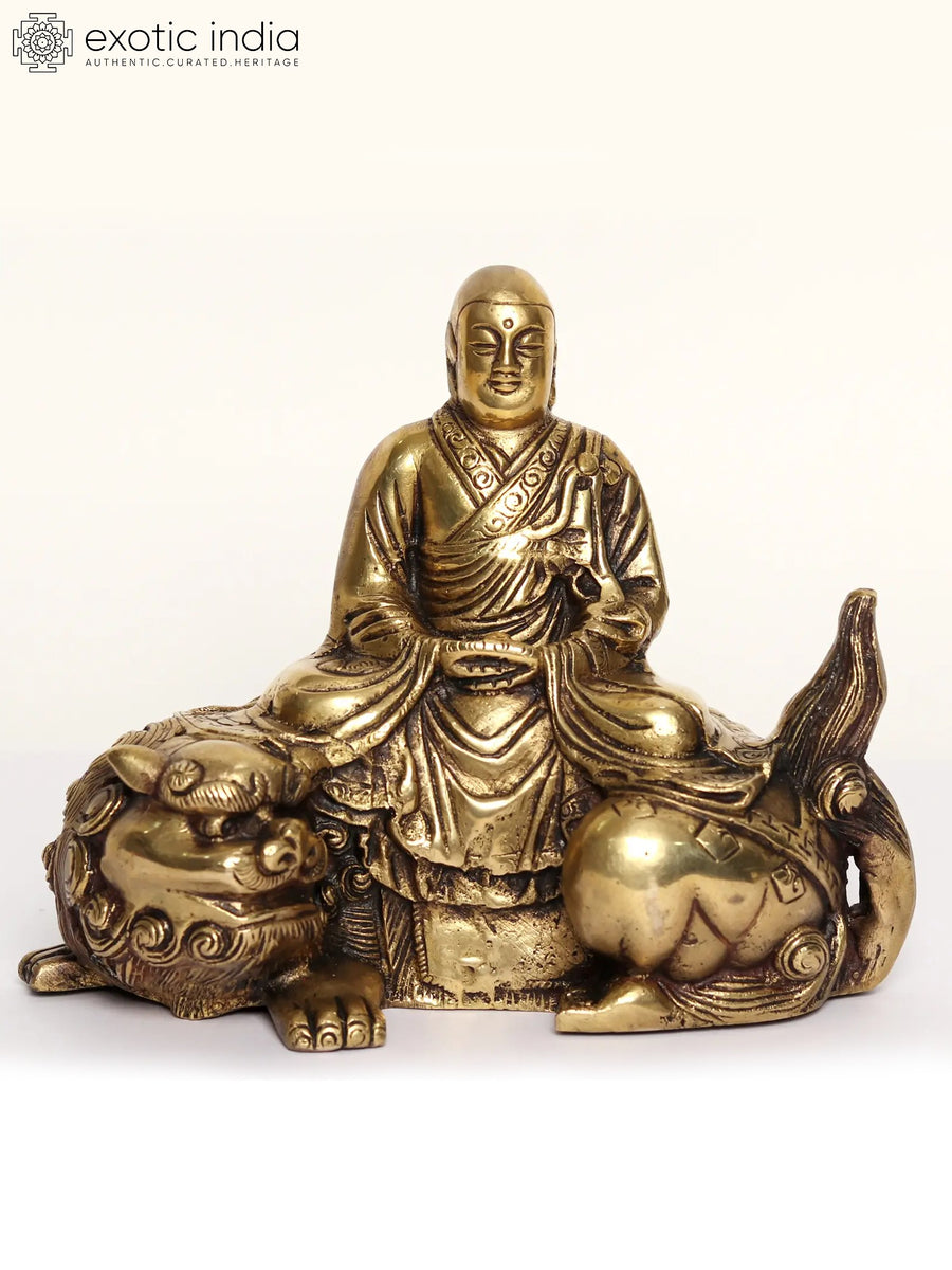 9" Meditating Buddha Brass Statue on Lion Throne