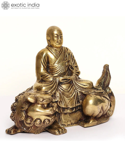 9" Meditating Buddha Statue Seated on Lion | Brass Sculpture