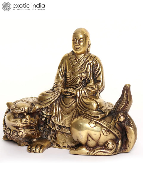 9" Meditating Buddha Statue Seated on Lion | Brass Sculpture