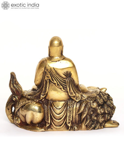 9" Meditating Buddha Statue Seated on Lion | Brass Sculpture