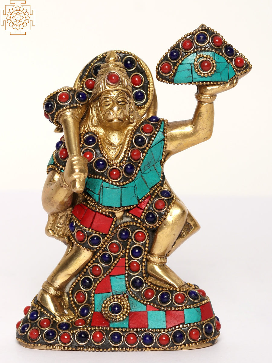 8" Brass Lord Hanuman Lifting Sanjivani Mountain Idol with Inlay