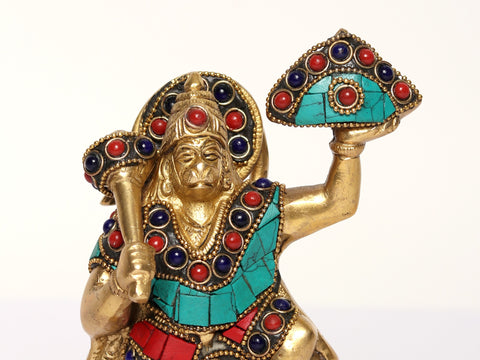 8" Lord Hanuman Idol Lifting the Sanjivani Mountain | Brass Sculpture with Inlay Work