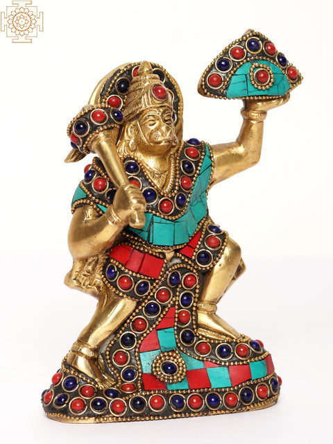 8" Lord Hanuman Idol Lifting the Sanjivani Mountain | Brass Sculpture with Inlay Work