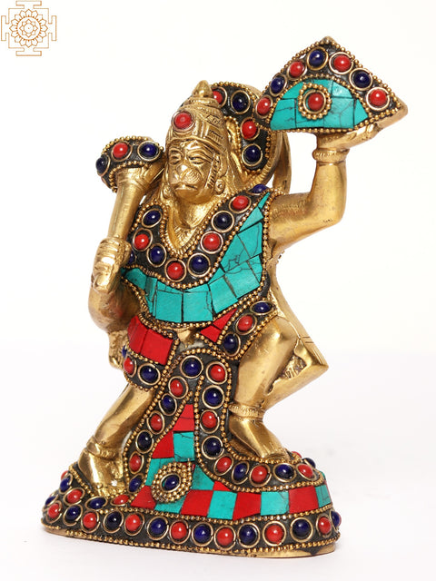 8" Lord Hanuman Idol Lifting the Sanjivani Mountain | Brass Sculpture with Inlay Work