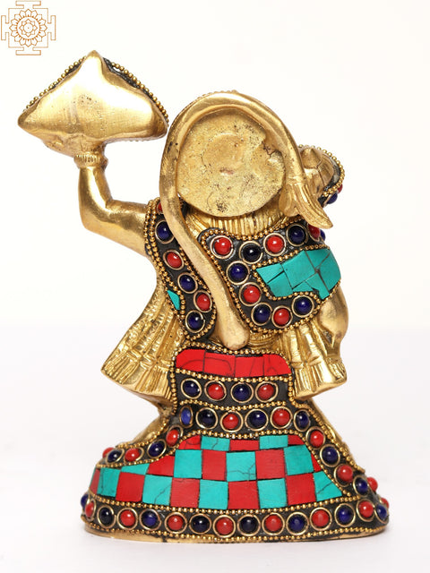 8" Lord Hanuman Idol Lifting the Sanjivani Mountain | Brass Sculpture with Inlay Work