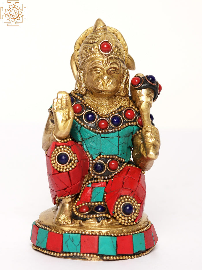 5" Lord Bajrangbali Brass Statue with Inlay Work