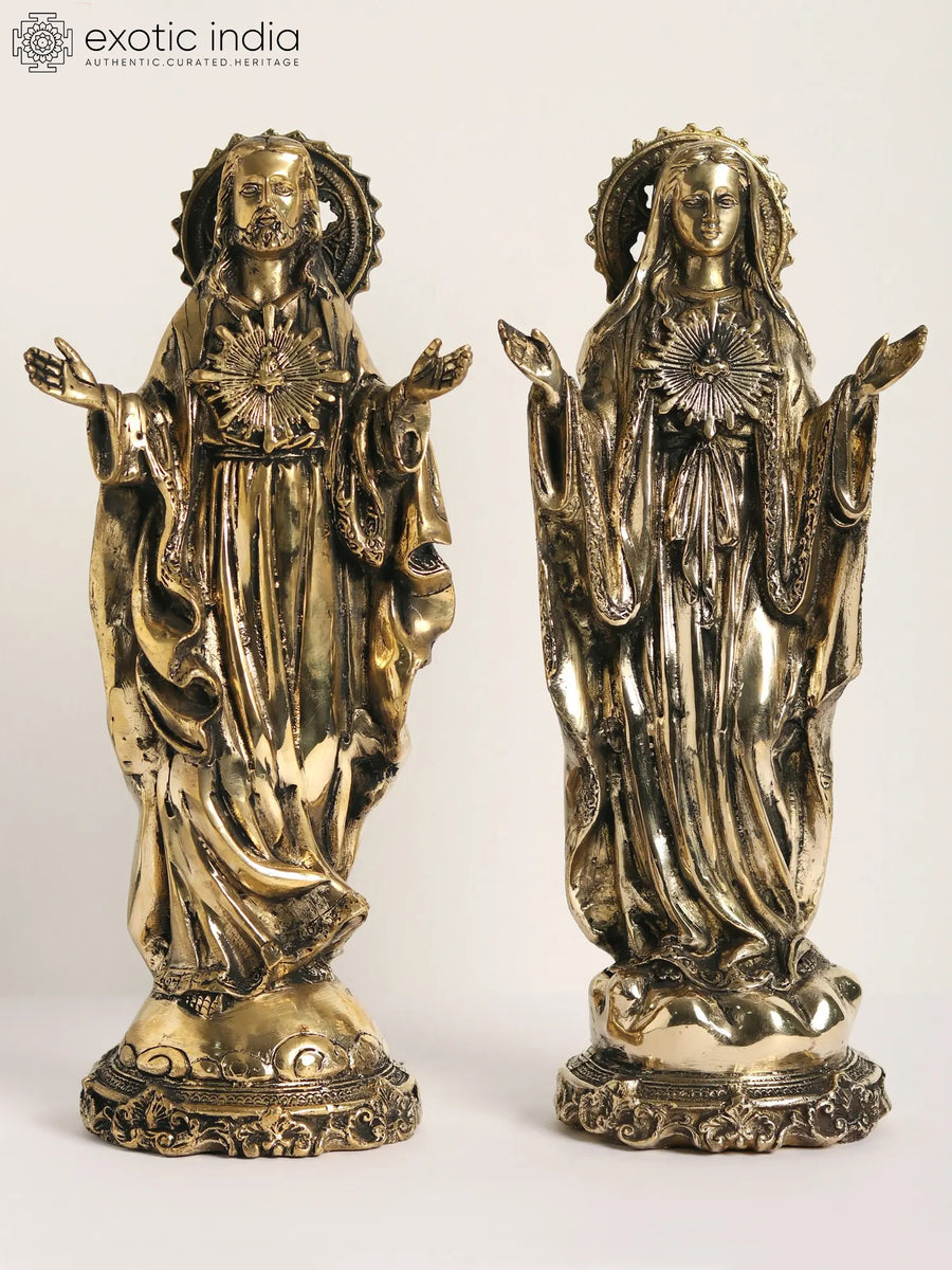15" Jesus Christ and Mother Mary Brass Statue for Home Decor