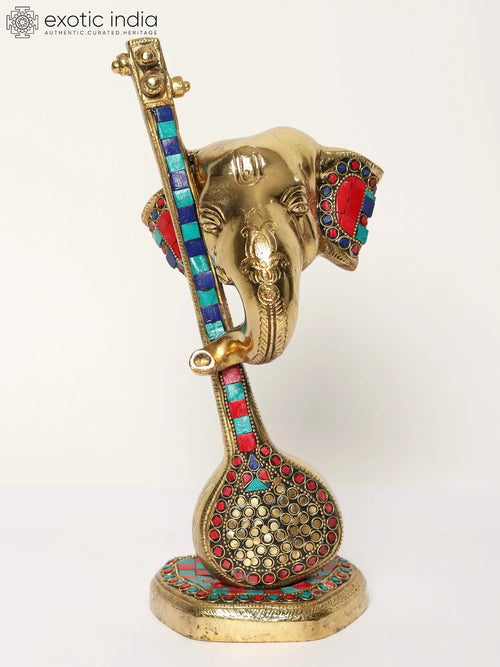 12" Lord Ganesha Head with Vina Handmade Brass Sculpture