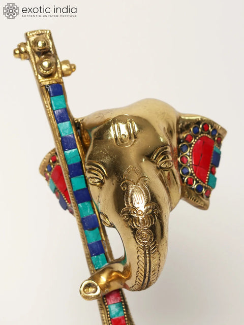 12" Lord Ganesha Head with Vina Brass Sculpture with Inlay Work