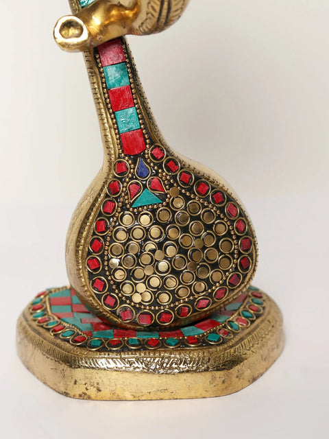 12" Lord Ganesha Head with Vina Brass Sculpture with Inlay Work