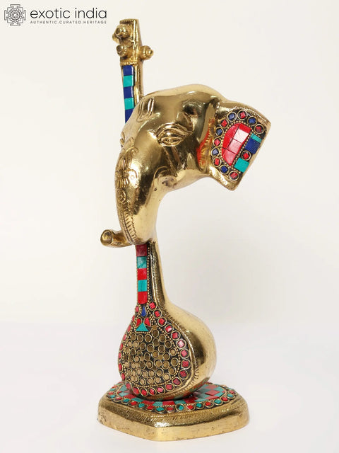12" Lord Ganesha Head with Vina Brass Sculpture with Inlay Work