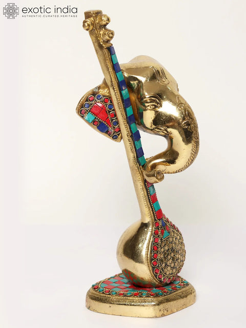 12" Lord Ganesha Head with Vina Brass Sculpture with Inlay Work