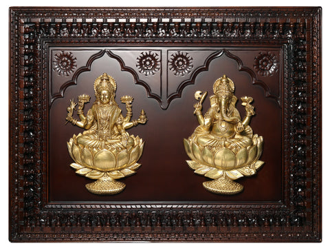 48" Brass Blessing Lakshmi Ganesha On Wood | Wall Hanging
