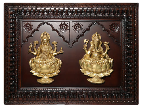 48" Brass Blessing Lakshmi Ganesha Wall Hanging on Wood