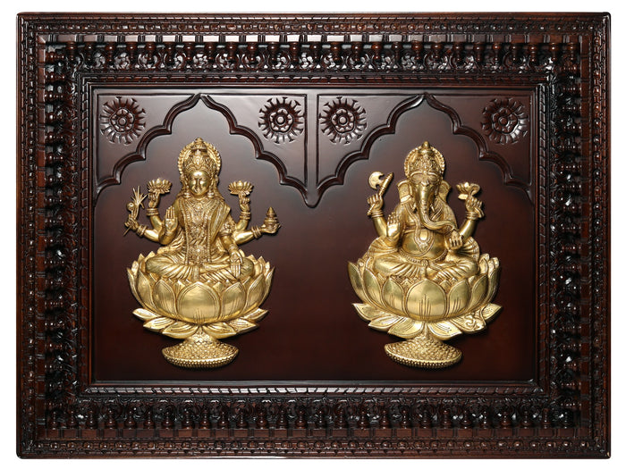 48" Brass Blessing Lakshmi Ganesha Wall Hanging on Wood