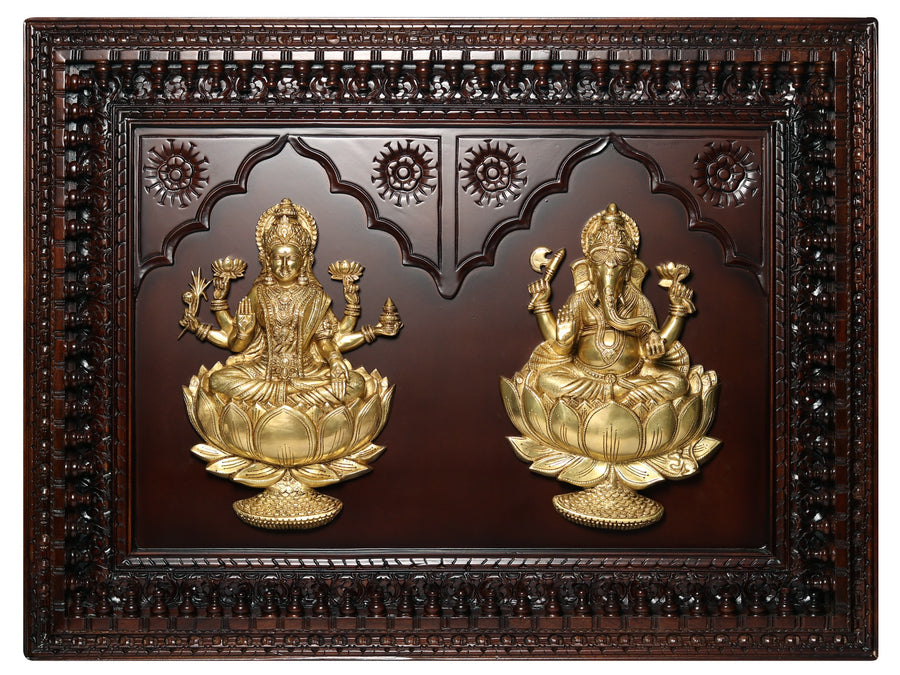 48" Brass Blessing Lakshmi Ganesha Wall Hanging on Wood