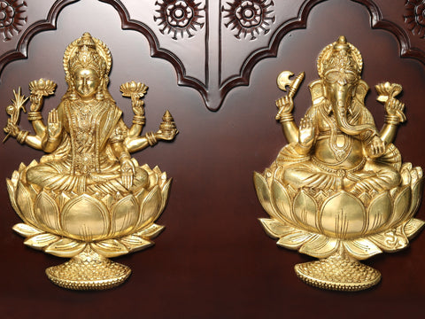 48" Brass Blessing Lakshmi Ganesha On Wood | Wall Hanging