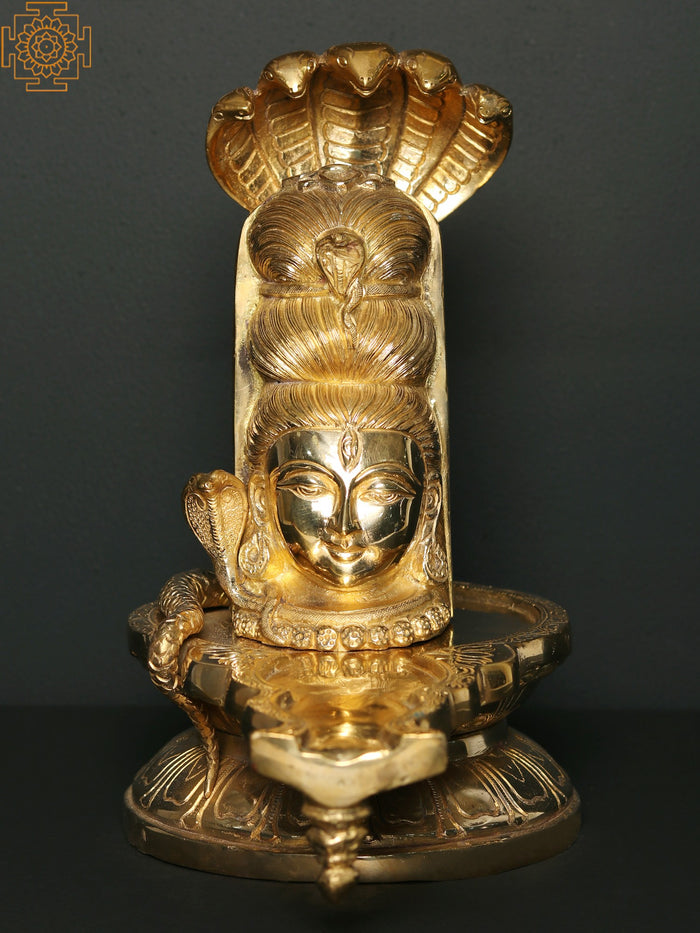 12" Brass Shiva Linga Protected by Serpent Statue