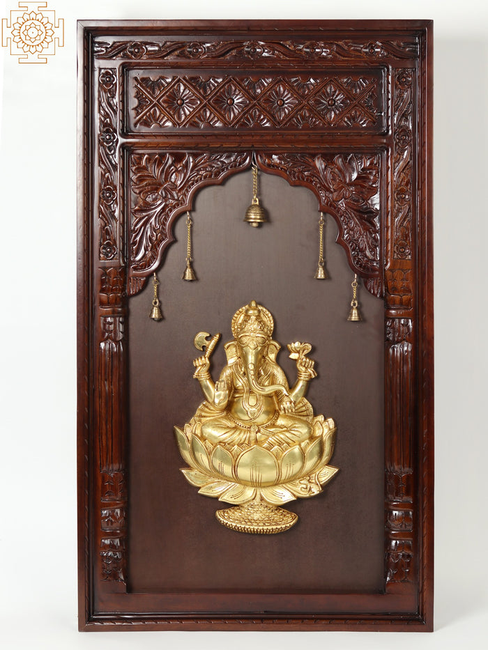 47" Lord Ganesha Seated on Lotus Brass Statue with Wooden Frame